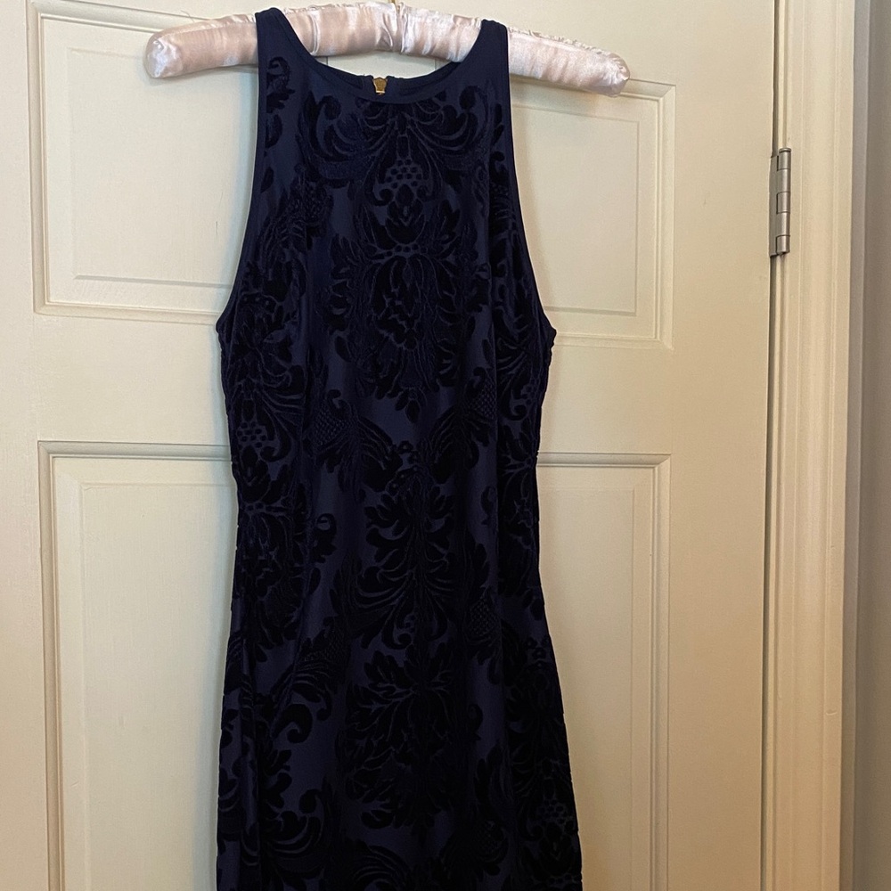 B Darlin Navy and Black Velvet-Print Midi Dress